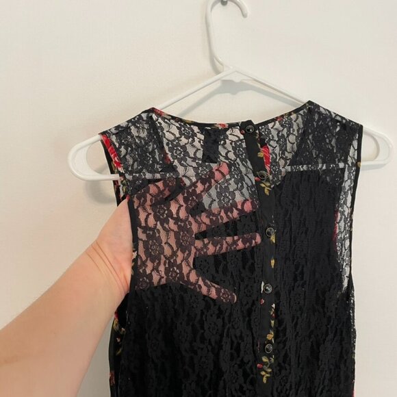 FOREVER 21 Black Red Floral / Sheer Black Lace Back Mini Fit Flare Dress NO BELT - Picture 13 of 16